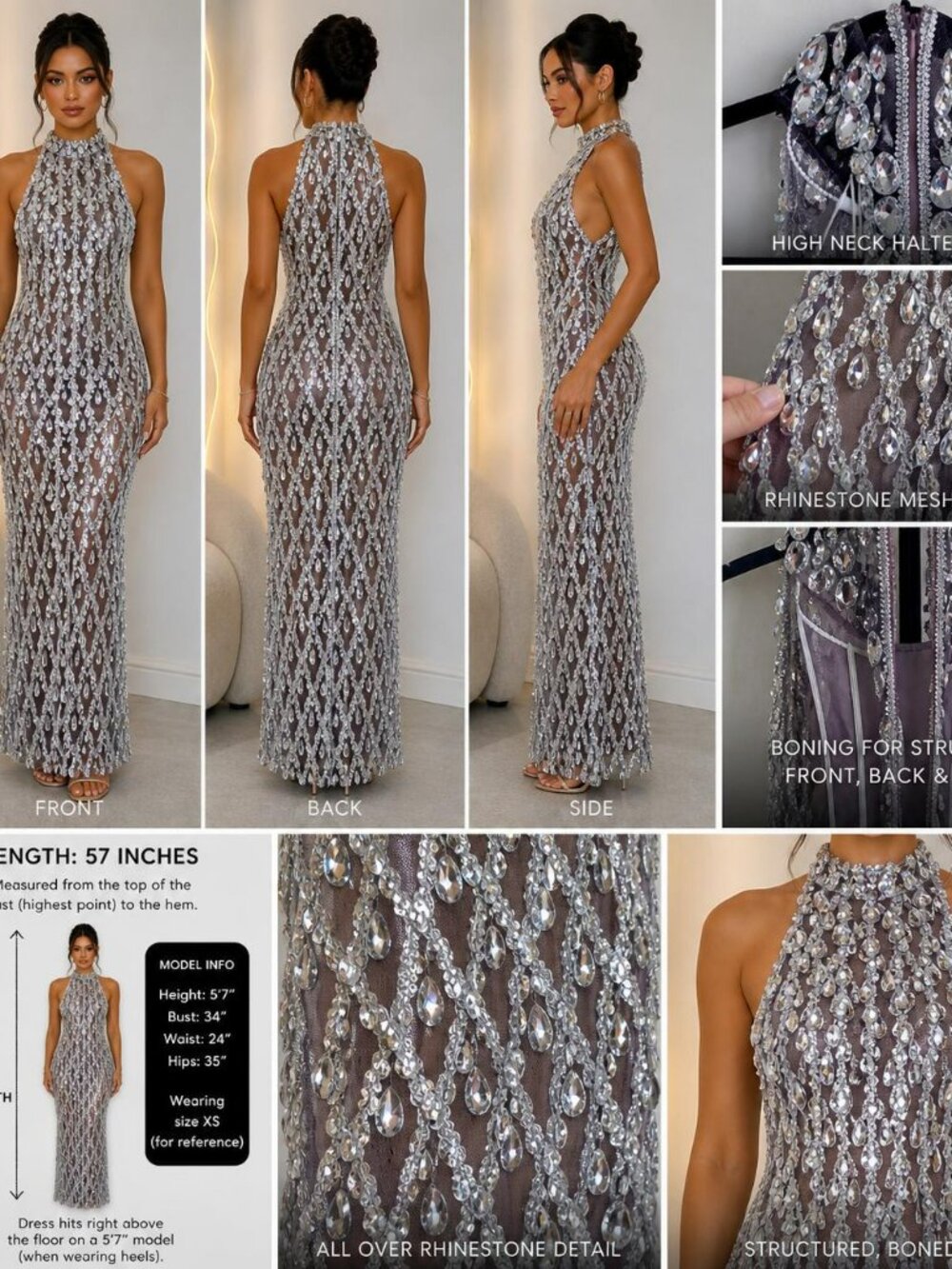 Rhinestone Halter Gown Silver Crystal Mesh Formal Dress Mew Mews NWT SmallMedium